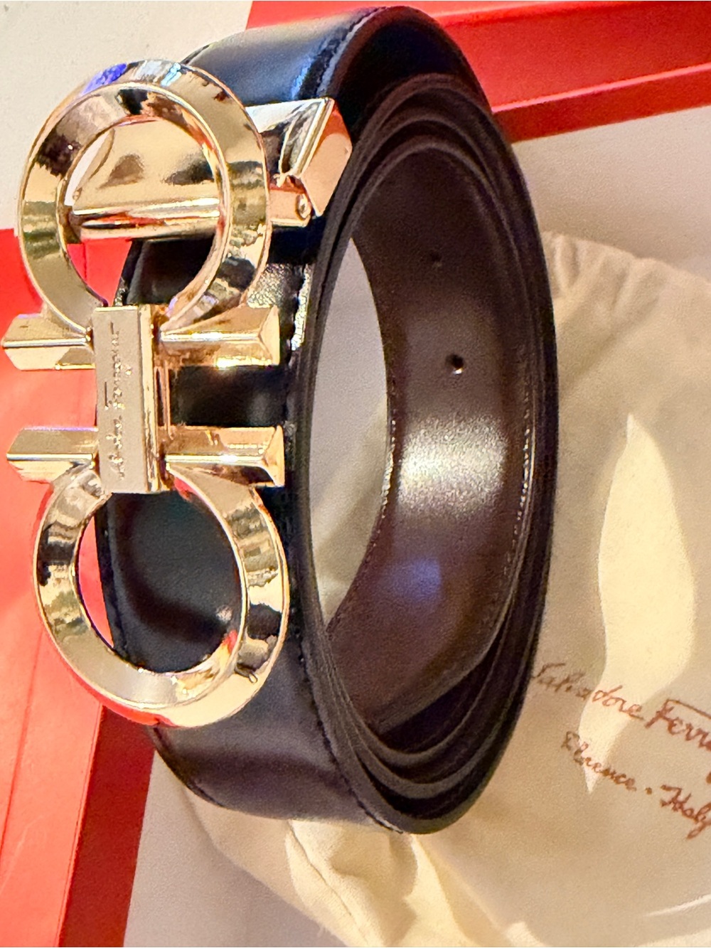 Salvatore Ferragamo Black Leather Belt with Gold Double Gancini Buckle - Picture 6 of 6